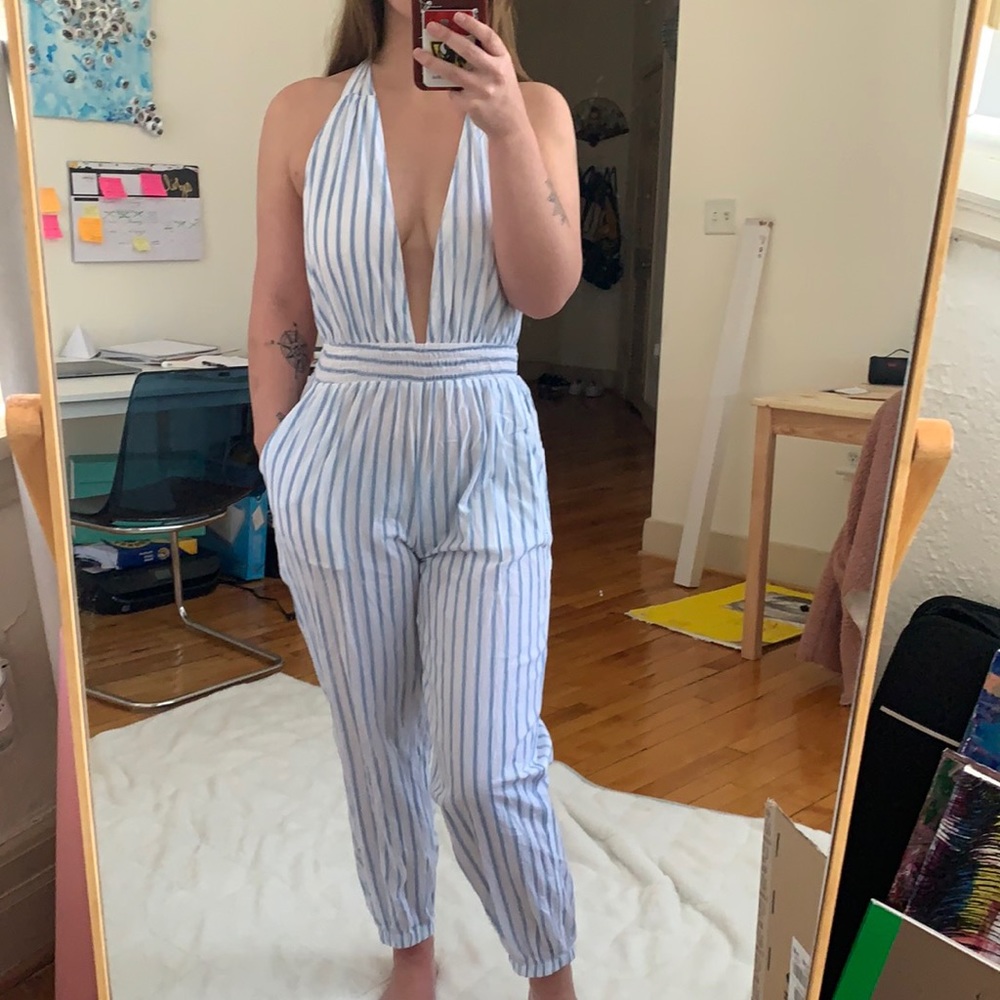 White and blue stripped jumpsuit